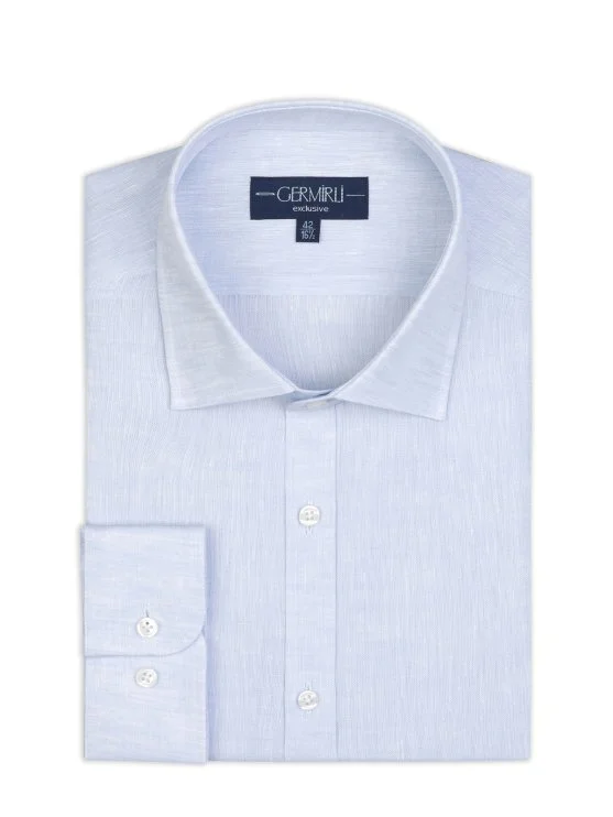 Germirli Mavi Klasik Yaka Exclusive Tailor Fit Saf Keten Gömlek - Germirli