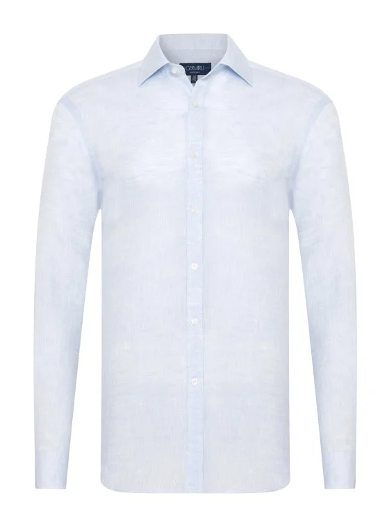 Germirli Mavi Klasik Yaka Exclusive Tailor Fit Saf Keten Gömlek - Germirli