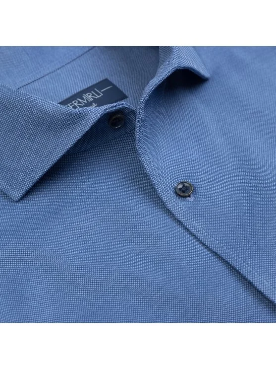 Germirli Mavi Örme Kumaş Lapel Yaka Tailor Fit Pamuk Gömlek - Germirli 