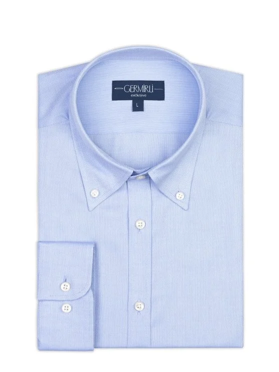 Germirli Mavi Petek Dokulu Tailor Fit Rahat Kalıp Düğmeli Yaka Pamuk Exclusive Gömlek - Germirli 