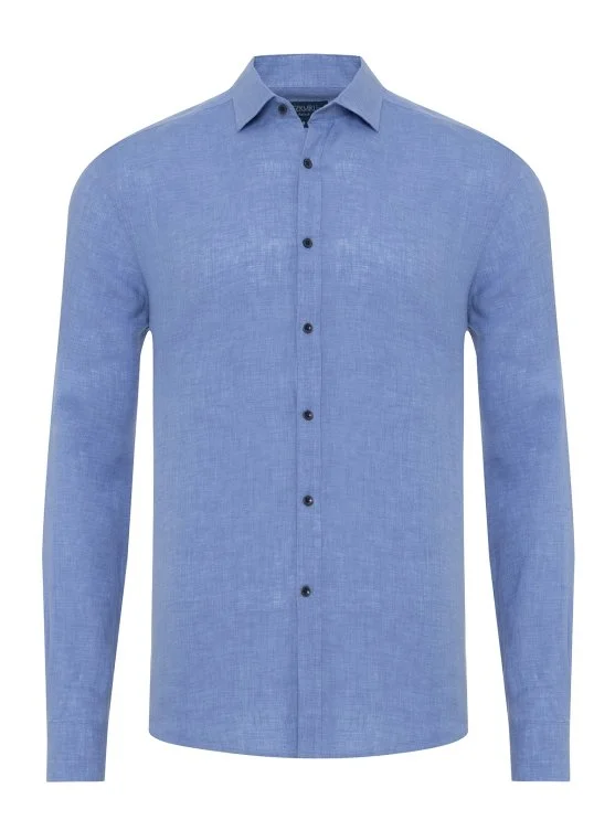 Germirli Mavi Soft Yaka Tailor Fit Keten Gömlek - Germirli 