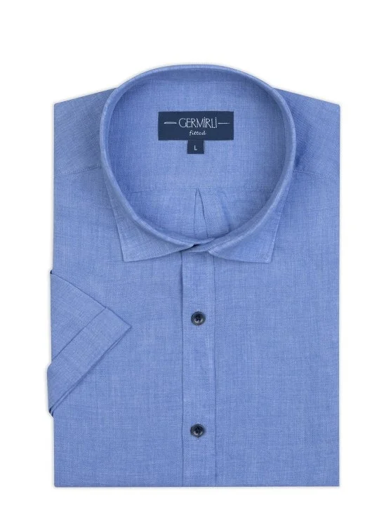Germirli Mavi Soft Yaka Tailor Fit Kısa Kol Keten Gömlek - Germirli 
