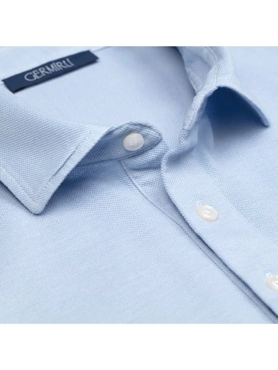 Germirli Mavi Vintage Piquet Gömlek Yaka Regular Fit Merserize Tişört - Germirli 