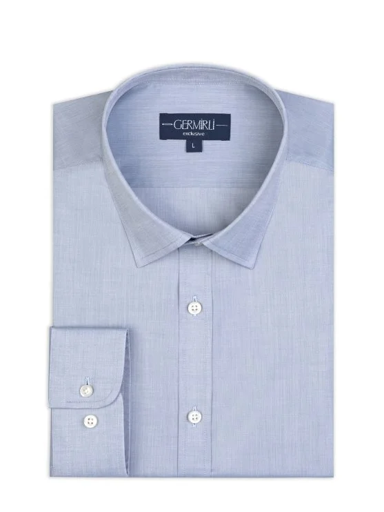 Germirli Mavi Vual Klasik Yaka Exclusive Tailor Fit Pamuk Gömlek - Germirli