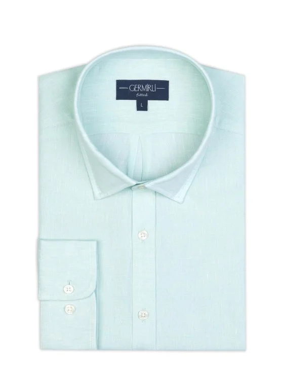 Germirli Mint Yeşili Soft Yaka Tailor Fit Saf Keten Gömlek - Germirli