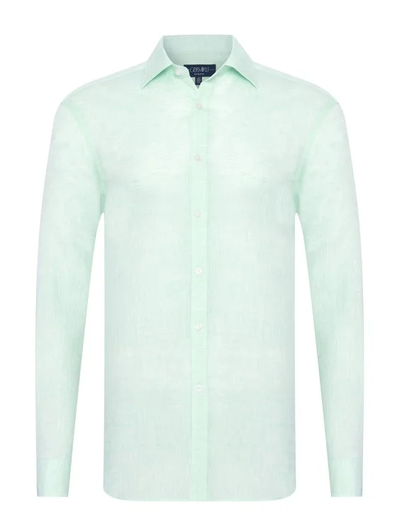 Germirli Mint Yeşili Soft Yaka Tailor Fit Saf Keten Gömlek - Germirli