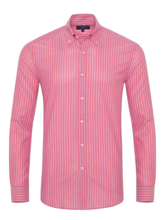 Germirli Pembe Mavi Çizgili Düğmeli Yaka Tailor Fit Vual Gömlek - Germirli 