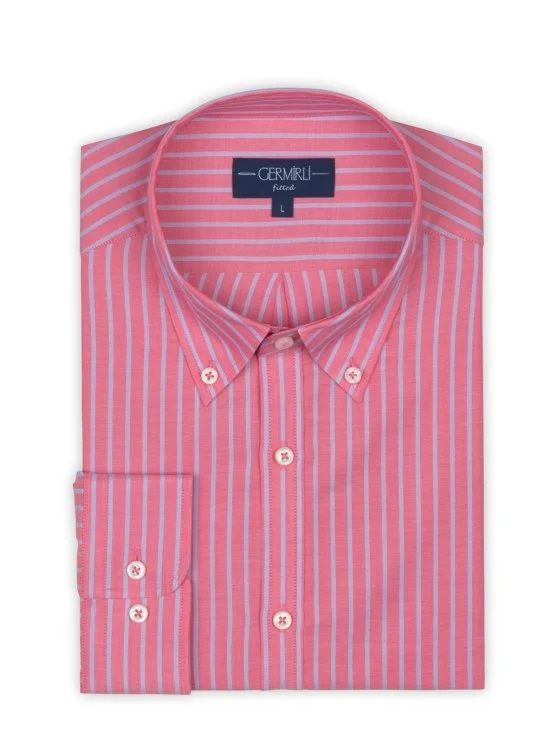 Germirli Pembe Mavi Çizgili Düğmeli Yaka Tailor Fit Vual Gömlek - Germirli 