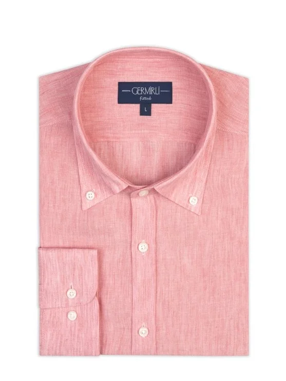 Germirli Pembe Tailor Fit Düğmeli Yaka Albini Keten Gömlek - Germirli 