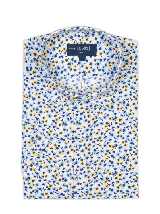 Germirli Sarı Mavi Çiçek Desenli Kısa Kollu Soft Yaka Tailor Fit Seersucker Gömlek - Germirli 