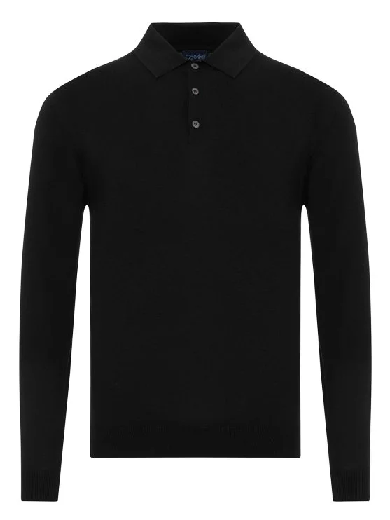 Germirli Siyah Düğmeli Polo Yaka Regular Fit Extra Fine Yün Erkek Triko - Germirli 