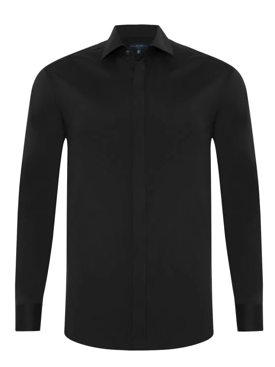 Germirli Siyah Fitted Poplin Klasik Yaka Gizli Pat Tailor Fit Pamuk Gömlek - Germirli