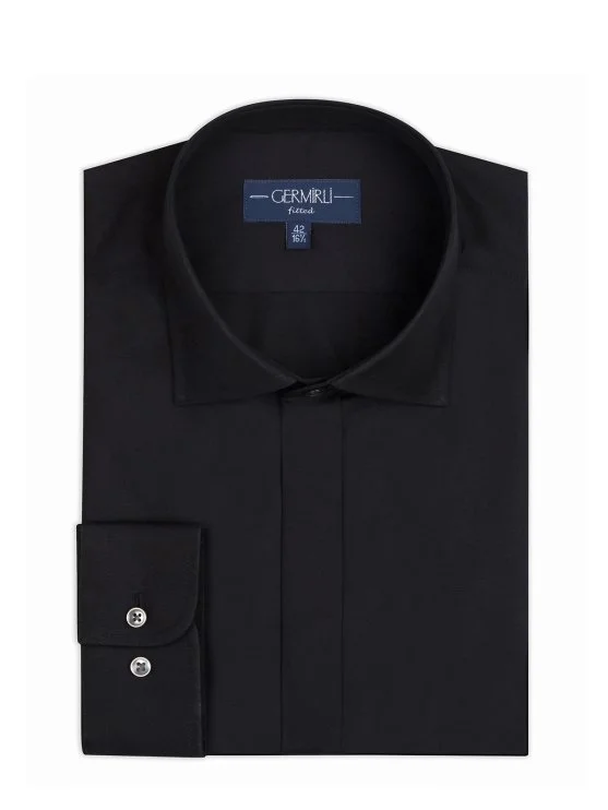 Germirli Siyah Fitted Poplin Klasik Yaka Gizli Pat Tailor Fit Pamuk Gömlek - Germirli