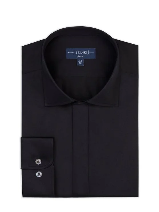Germirli Siyah Gizli Pat Tailor Fit Klasik Yaka Pamuk Elastan Gömlek - Germirli 