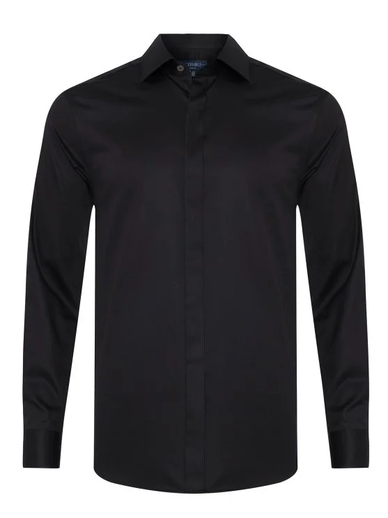Germirli Siyah Gizli Pat Tailor Fit Klasik Yaka Pamuk Elastan Gömlek - Germirli