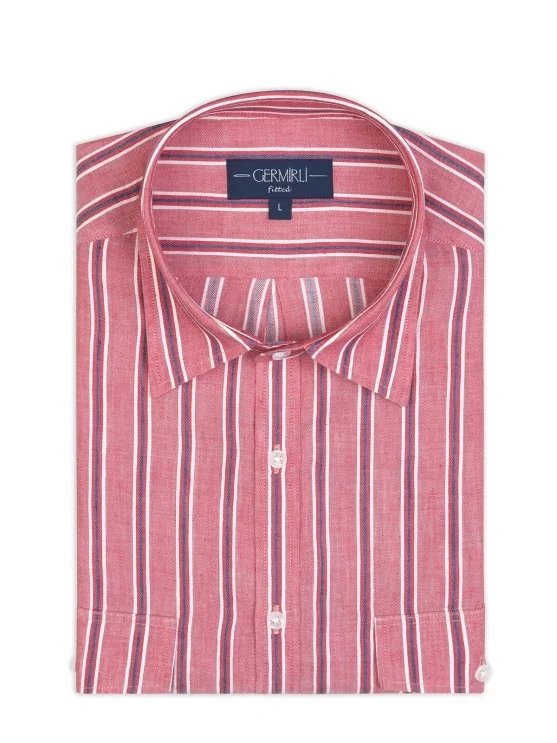 Germirli Soft Yaka Çift Kapak Cepli Tailor Fit Gri Kırmızı Laci Çizgili Pamuk Keten Gömlek - Germirli 