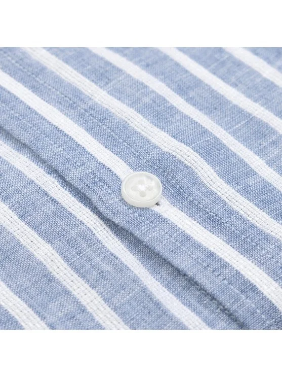 Germirli Soft Yaka Çift Kapak Cepli Tailor Fit İndigo Mavi Beyaz Çizgili Saf Keten Gömlek - Germirli 