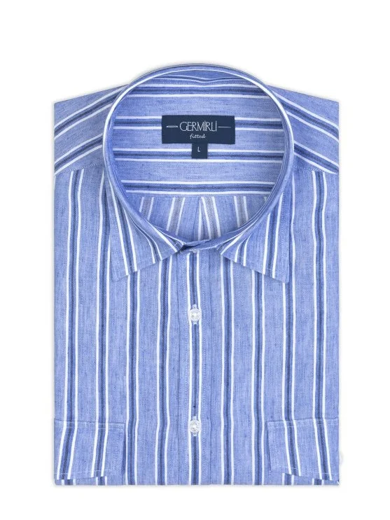 Germirli Soft Yaka Çift Kapak Cepli Tailor Fit Mavi Laci Çizgili Pamuk Keten Gömlek - Germirli 