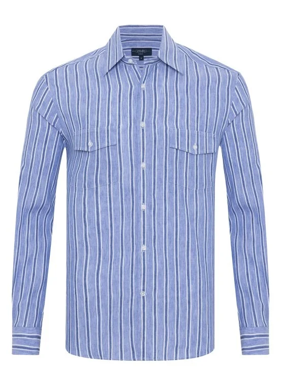 Germirli Soft Yaka Çift Kapak Cepli Tailor Fit Mavi Laci Çizgili Pamuk Keten Gömlek - Germirli 