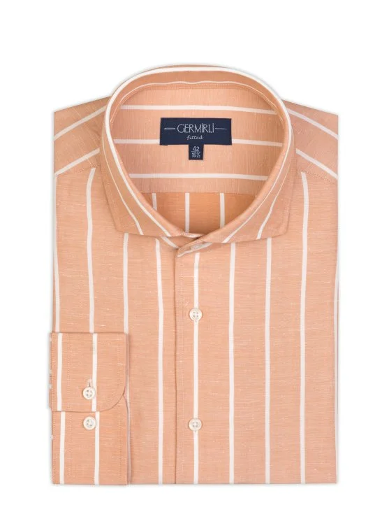Germirli Somon Kalın Çizgili Nevapas Lapel Yaka Lyocell Keten Gömlek - Germirli