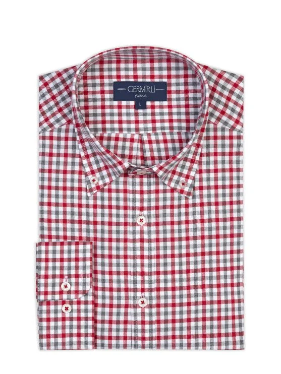 Germirli Testa 80/2 Flanel Kırmızı Melanj Düğmeli Yaka Tailor Fit Pamuk Gömlek - Germirli 