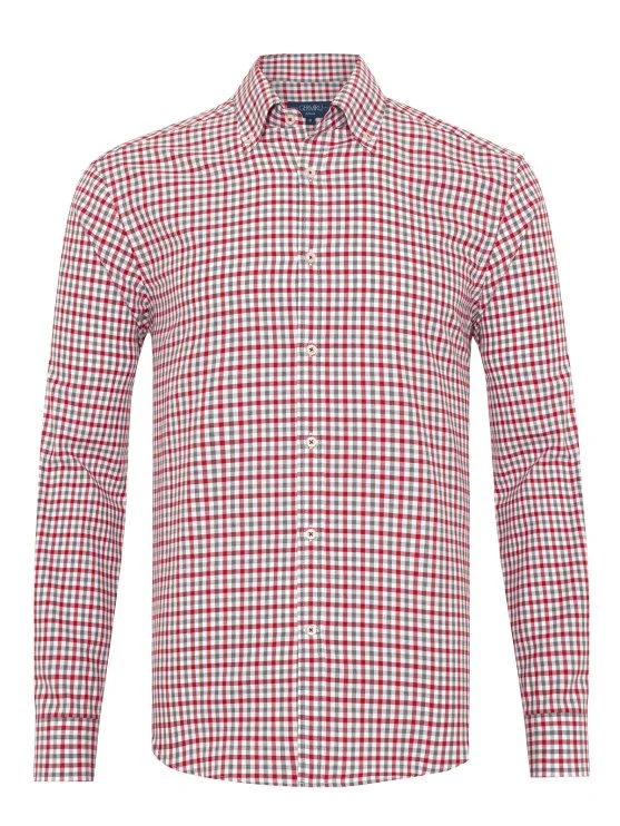 Germirli Testa 80/2 Flanel Kırmızı Melanj Düğmeli Yaka Tailor Fit Pamuk Gömlek - Germirli 