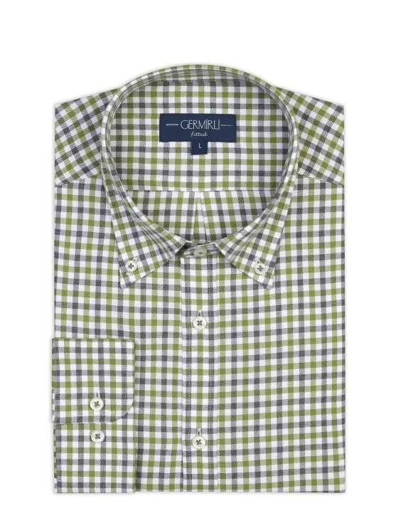 Germirli Testa 80/2 Flanel Yeşil Melanj Düğmeli Yaka Tailor Fit Pamuk Gömlek - Germirli