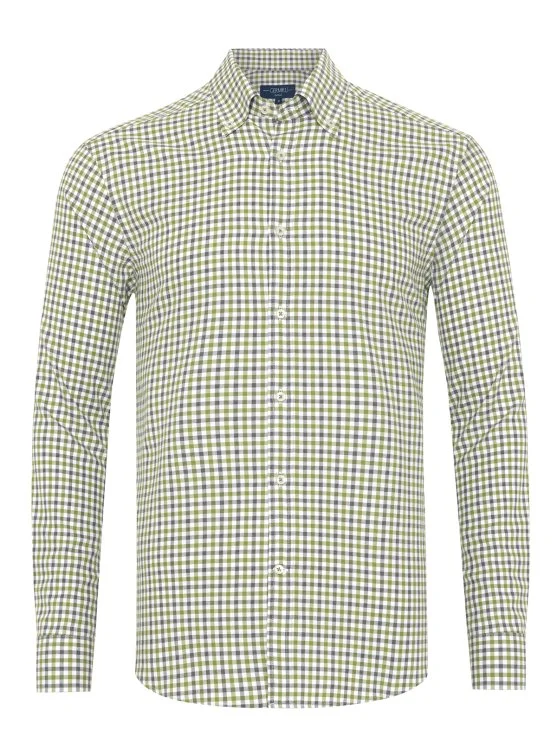 Germirli Testa 80/2 Flanel Yeşil Melanj Düğmeli Yaka Tailor Fit Pamuk Gömlek - Germirli 