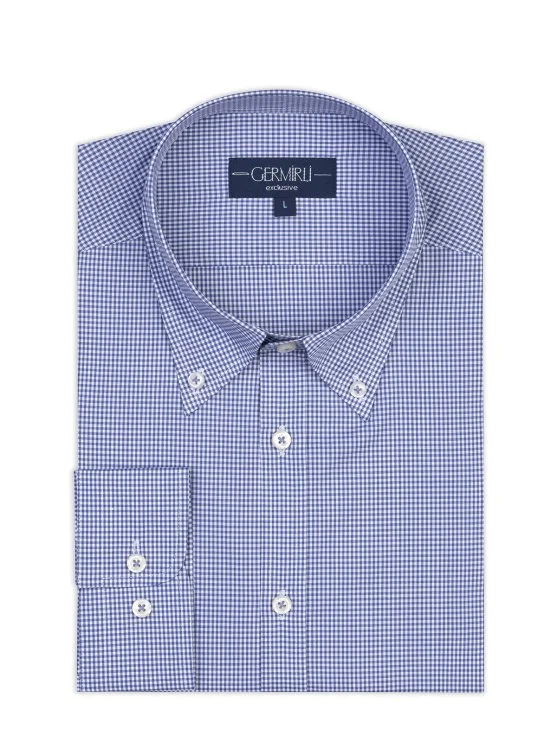 Germirli Testa Exclusive Lacivert Mini Pötikare Düğmeli Yaka Tailor Fit Pamuk Gömlek - Germirli 