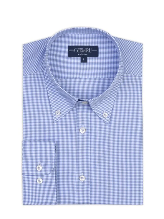 Germirli Testa Exclusive Mavi Mini Pötikare Düğmeli Yaka Tailor Fit Pamuk Gömlek - Germirli 