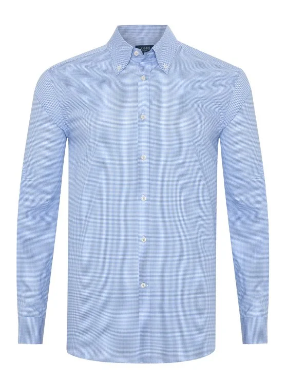 Germirli Testa Exclusive Mavi Mini Pötikare Düğmeli Yaka Tailor Fit Pamuk Gömlek - Germirli 