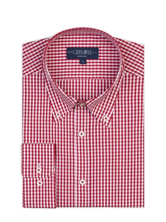 Germirli Testa Kırmızı Pötikare Düğmeli Yaka Tailor Fit Pamuk Exclusive Gömlek - Germirli 