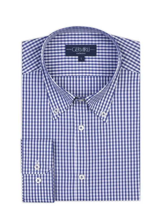 Germirli Testa Lacivert Pötikare Exclusive Düğmeli Yaka Tailor Fit Pamuk Gömlek - Germirli 