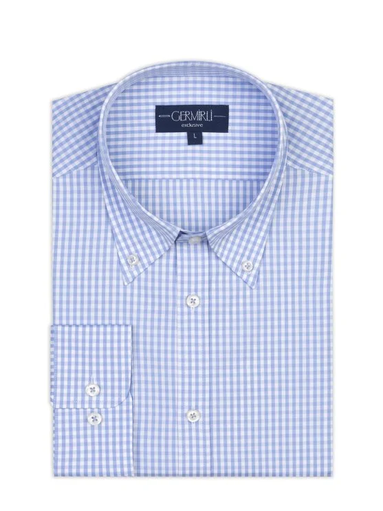 Germirli Testa Mavi Pötikare Exclusive Düğmeli Yaka Tailor Fit Pamuk Gömlek - Germirli 
