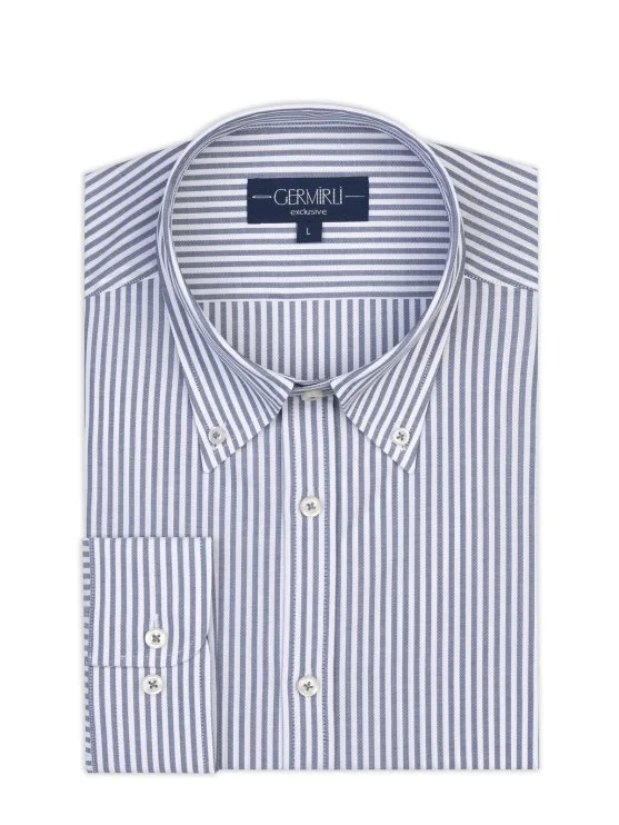 Germirli Testa Sartoriale Lacivert Çizgili Exclusive Düğmeli Yaka Tailor Fit Pamuk Gömlek - Germirli