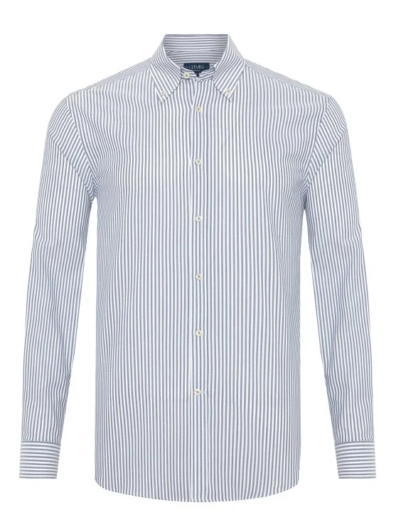 Germirli Testa Sartoriale Lacivert Çizgili Exclusive Düğmeli Yaka Tailor Fit Pamuk Gömlek - Germirli 
