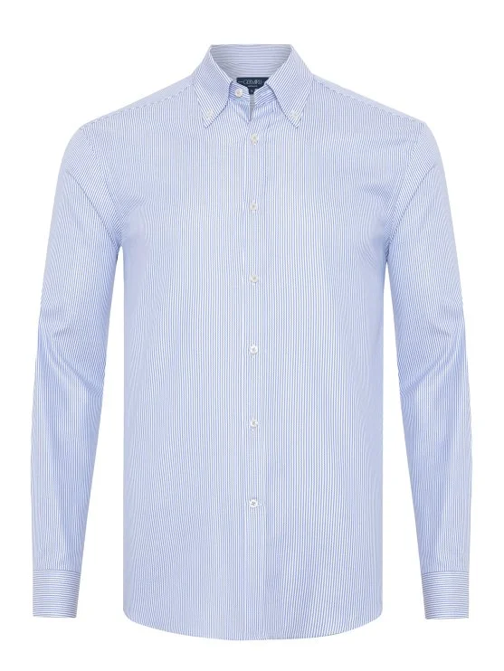 Germirli Testa Sartoriale Mavi Çizgili Exclusive Düğmeli Yaka Tailor Fit Pamuk Gömlek - Germirli 