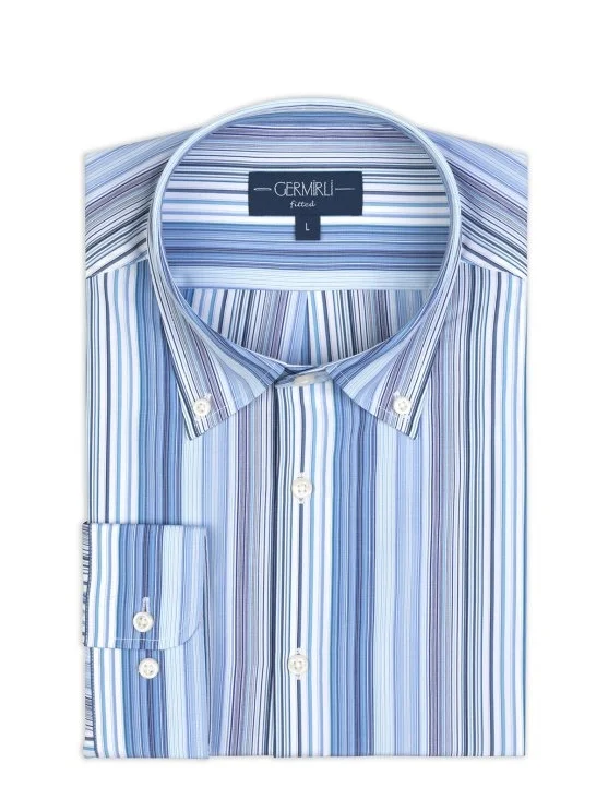 Germirli Thomas Mason Düğmeli Yaka Mavi Laci Beyaz Çizgili Tailor Fit Pamuk Gömlek - Germirli 