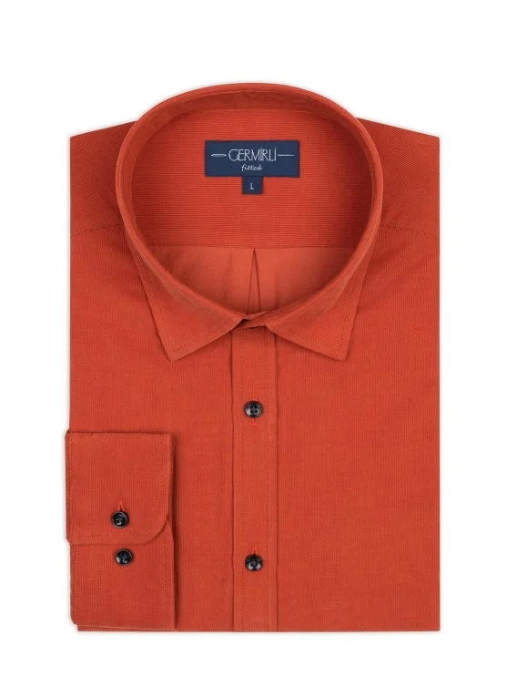 Germirli Turuncu Soft Yaka Albini Tailor Fit Rahat Kalıp İnce Fitilli Kadife Gömlek - Germirli 