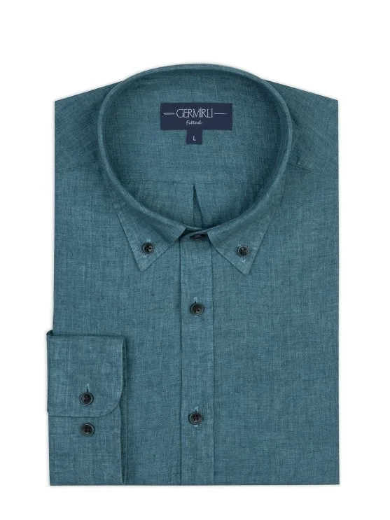 Germirli Yeşil Delave Keten Düğmeli Yaka Tailor Fit Gömlek - Germirli 