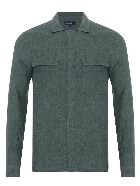 Germirli Yeşil Gizli Düğme Delave Keten Tailor Fit Ceket Gömlek - Germirli 