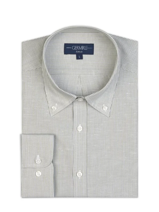 Germirli Yeşil İnce Çizgili Düğmeli Yaka Tailor Fit Pamuk Keten Gömlek - Germirli 