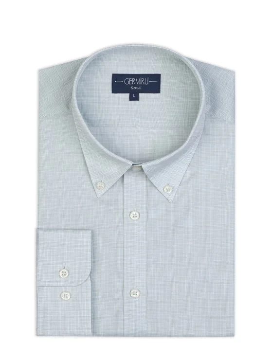 Germirli Yeşil Kareli Vual Soft Yaka Tailor Fit Pamuk Keten Gömlek - Germirli