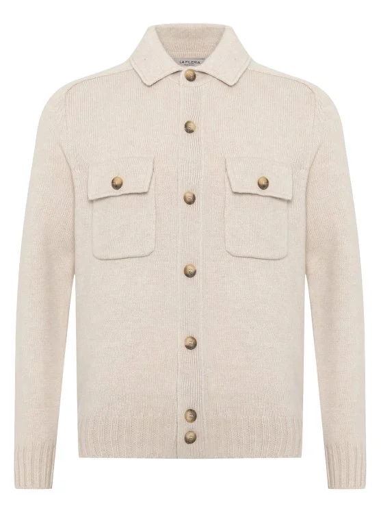 La Fileria Bej Rengi Cepli Gömlek Yaka Süper Geelong Yün Ceket Triko - La Fileria