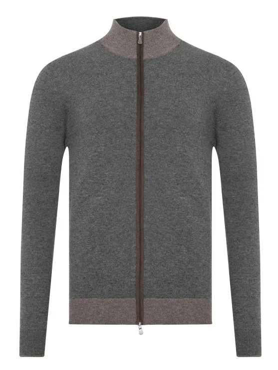 La Fileria Gri Yün Kaşmir Süet Peçli Fermuarlı Hırka Triko - La Fileria