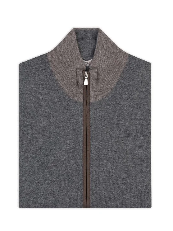 La Fileria Gri Yün Kaşmir Süet Peçli Fermuarlı Hırka Triko - La Fileria