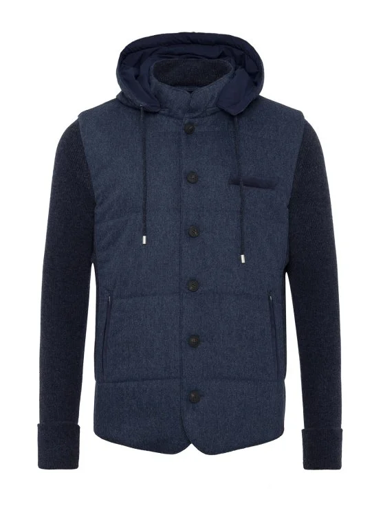 La Fileria İndigo Mavi Dolgulu Kapişonlu Geelong Yün Ceket Triko - La Fileria