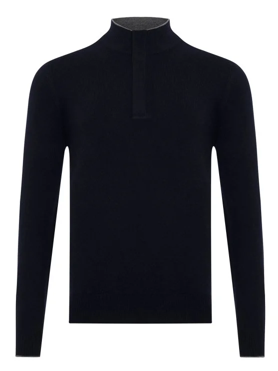 La Fileria Lacivert Yün Kaşmir Süet Peçli Fermuarlı Triko - La Fileria