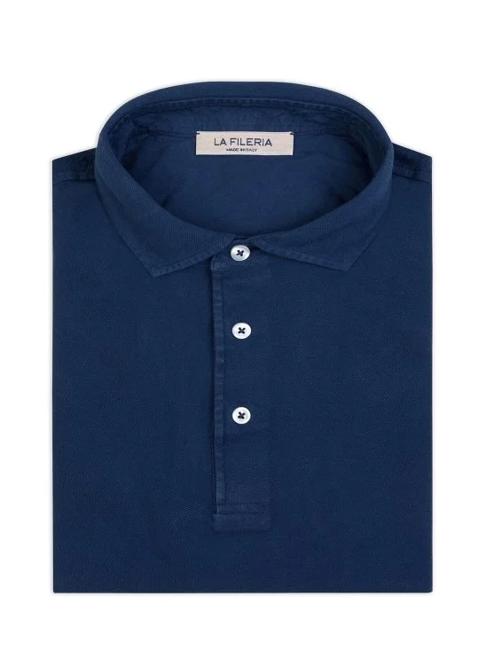 La Fileria Vintage İndigo Lacivert Gömlek Yaka Pamuk Slim Fit Tişört - La Fileria