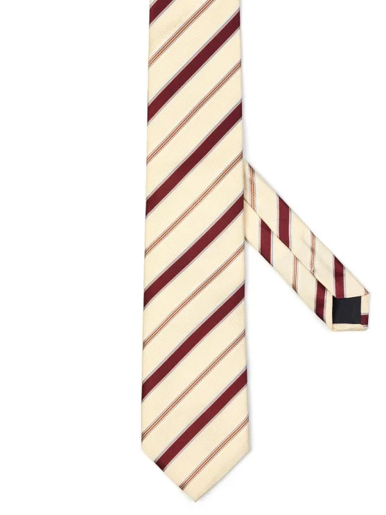 Les Copains Bej Bordo İnce Çizgili İpek İtalyan Kravat - Les Copains